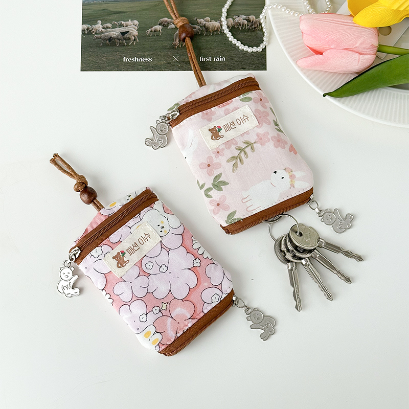 粉色小碎花棉布碎花包钥匙包女