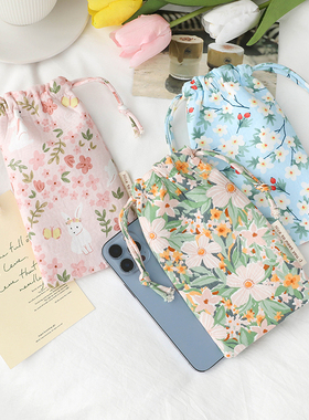 加厚升级 莫奈花园小碎花棉布手机袋女iphone14保护套束口手机套