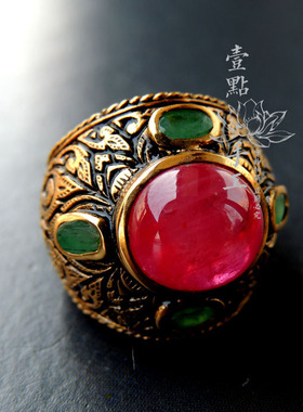 现货鎏金珐琅红宝石戒指复古情侣