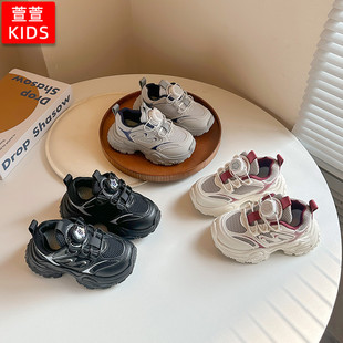 儿童免系带旋钮鞋黑色男童运动鞋网面透气女童鞋子春款宝宝网鞋潮