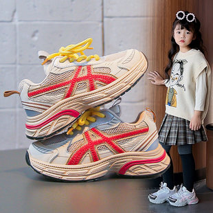 儿童鞋子透气网面女童跑步鞋春秋男童运动鞋软底女童鞋系鞋带春季