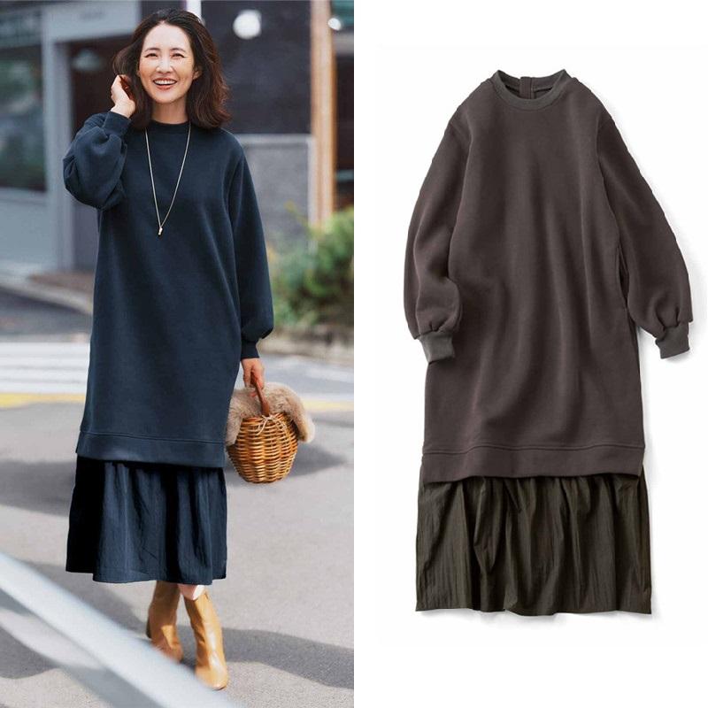 内绒纯色森女下摆宽花边连衣裙