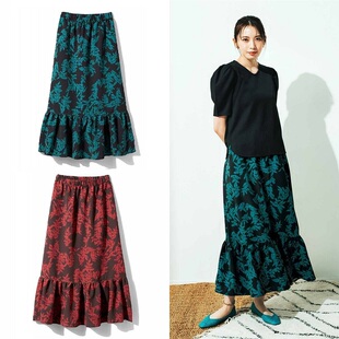 外贸日单A字长裙 树叶印花度假风花边有大码 半身裙夏季 女士新款