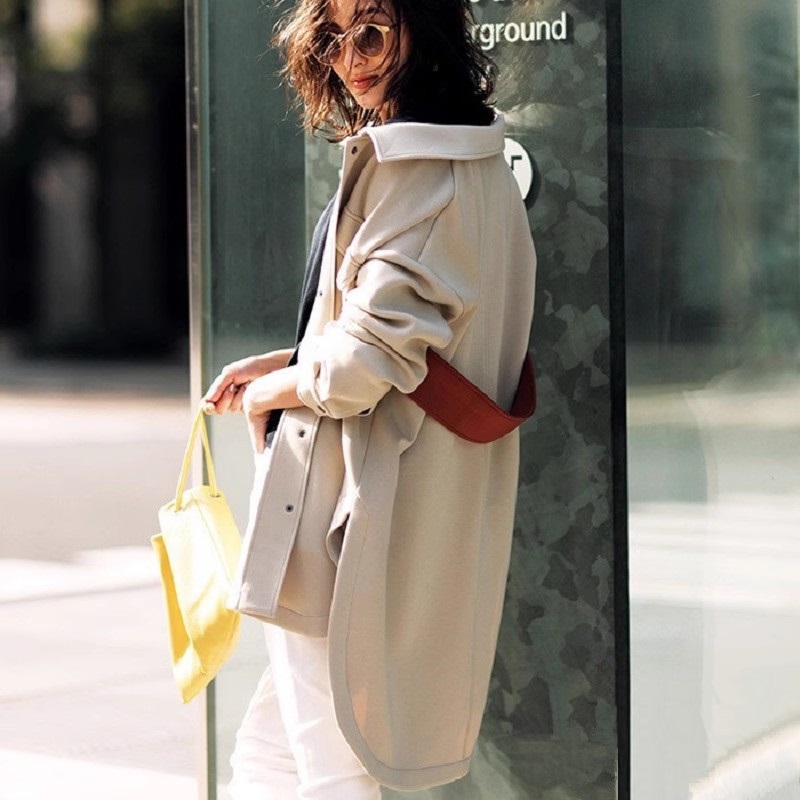 拼色腰带外套衬衫版型百搭翻领