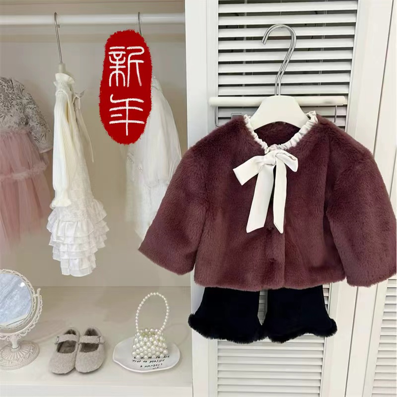 枣红色毛毛开衫外套高定套装