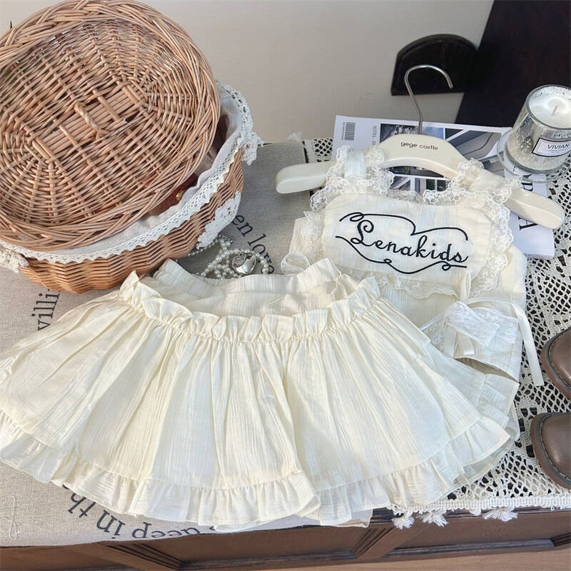 韩版童装2025新款夏季女童蝴蝶结蕾丝拼接背心洋气蛋糕裙裤两件套