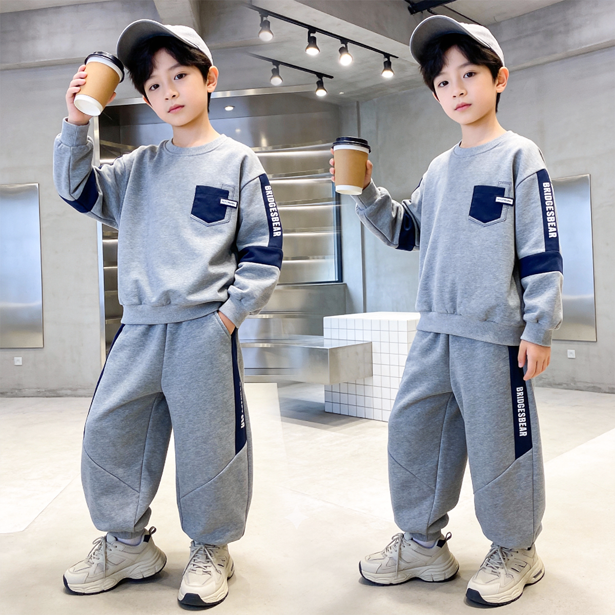 男童春装套装春秋款2026年新款帅气时髦中大童男孩儿童装纯色卫衣