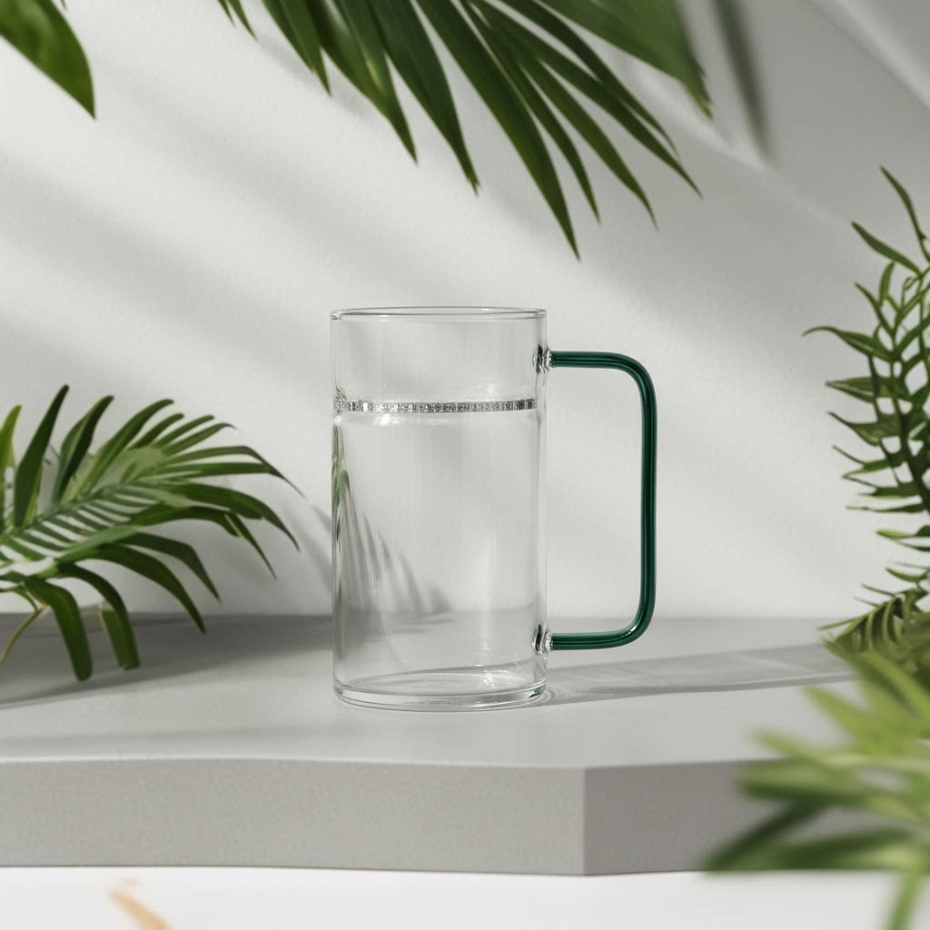 碧棠直身滤杯圆形玻璃耐用家用杯子透明现代绿色把手月牙杯水杯