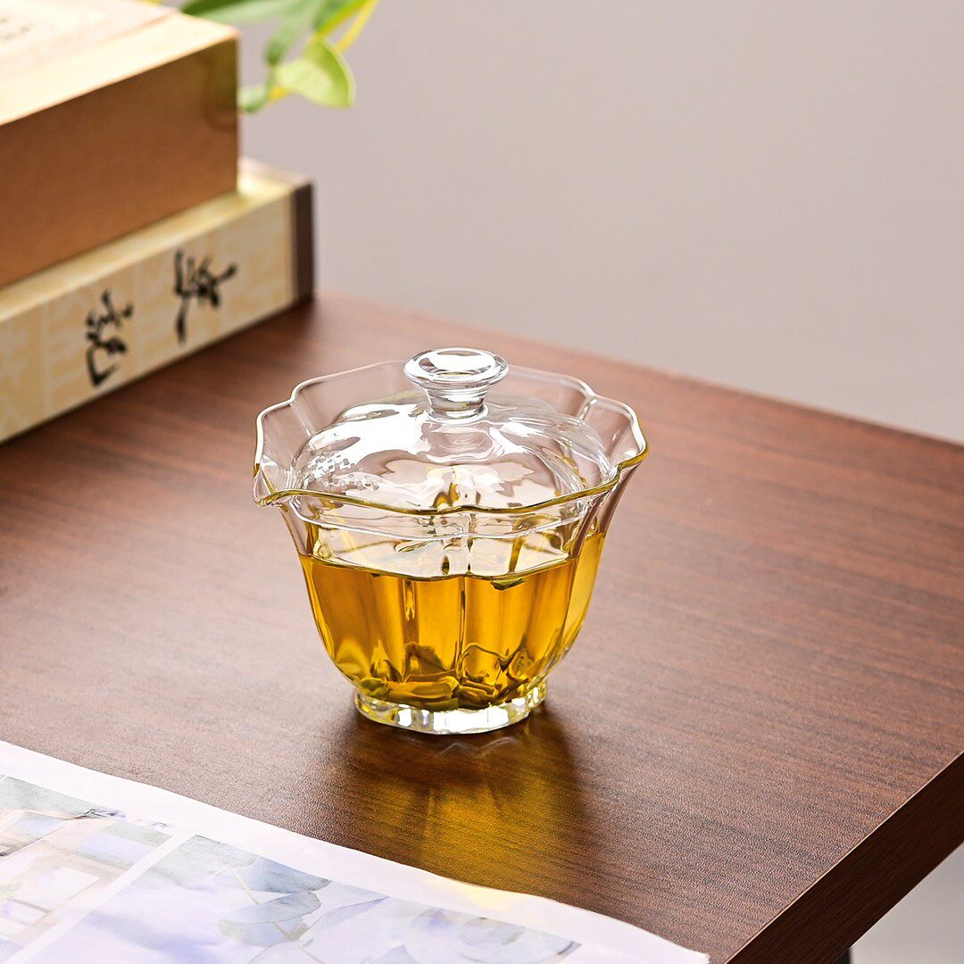 花棱盖碗玻璃三才盖碗茶杯功夫茶具家用泡茶器透明防烫手抓