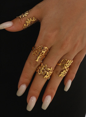 不锈钢欧美法式复古简约树叶戒指潮流饰品