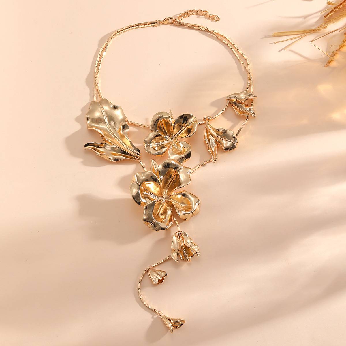 ZA欧美合金立体花朵树叶流苏项链多层女简约沙滩度假风锁骨链