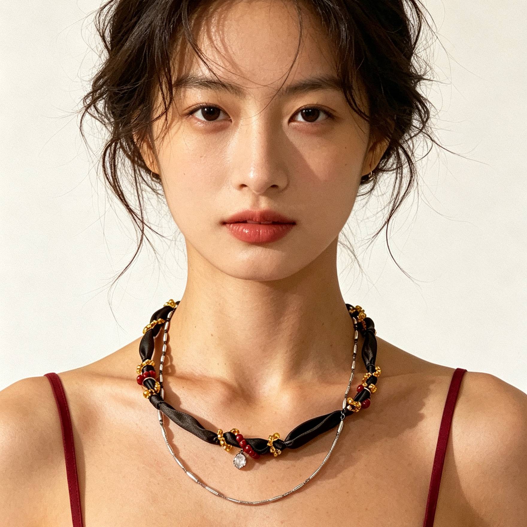 ZA新中式复古布艺串珠点缀双层项链女小众设计温柔氛围感项链