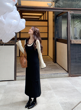 bigyu 黑色内搭叠穿无袖背心裙子女秋冬显瘦百搭长款针织裙连衣裙
