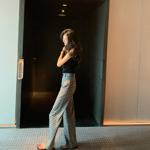 BIGYU修身显瘦窄版拖地裤格子裤