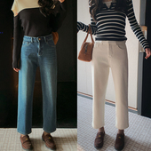 bigyu 子 米白色显瘦小直筒九分裤 修饰腿型显腿直 秋冬薄绒牛仔裤