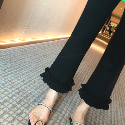 bigyu 显瘦黑色高腰九分裤女春夏新款八分休闲裤直筒修身花边裤子