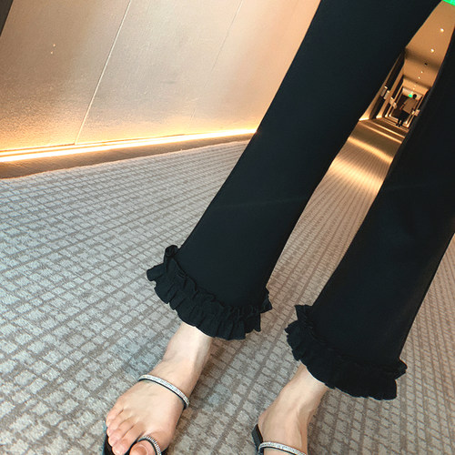 bigyu 显瘦黑色高腰九分裤女春夏新款八分休闲裤直筒修身花边裤子