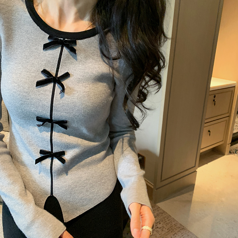 bigyu 小蝴蝶结针织衫秋冬新款女士修身打底衫拼色百搭设计感上衣