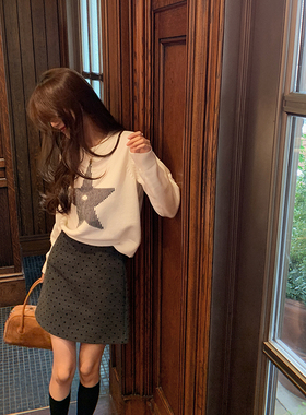 bigyu 五角星百搭休闲针织衫长袖毛衣女秋冬打底外穿短款白色上衣