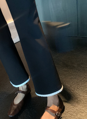 bigyu 白边拼接弹力显瘦小黑裤女春秋修身直筒花边裤子九分休闲裤