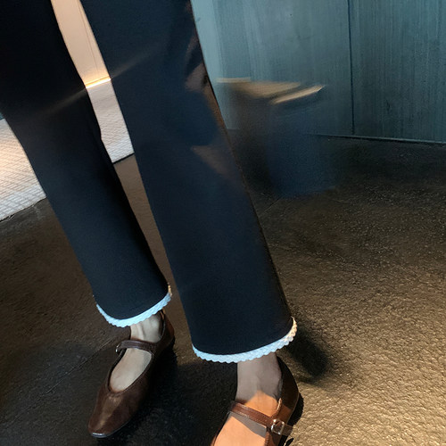 bigyu 白边拼接弹力显瘦小黑裤女春秋修身直筒花边裤子九分休闲裤