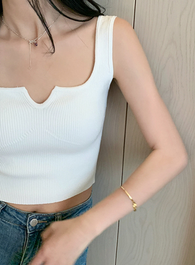 bigyu 春夏基础好搭黑白色简约无袖上衣U型低领外穿修身针织背心