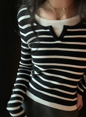 bigyu【12.26上新限时95折】修身假两件条纹打底针织衫