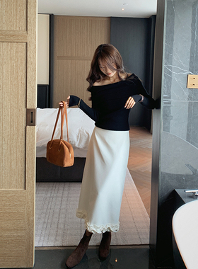 bigyu 气质通勤韩版后开叉花边半身裙春秋百搭直筒显瘦中长款裙子