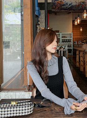 bigyu 高级灰双层木耳花边荷叶领软糯打底衫女针织衫上衣修身内搭