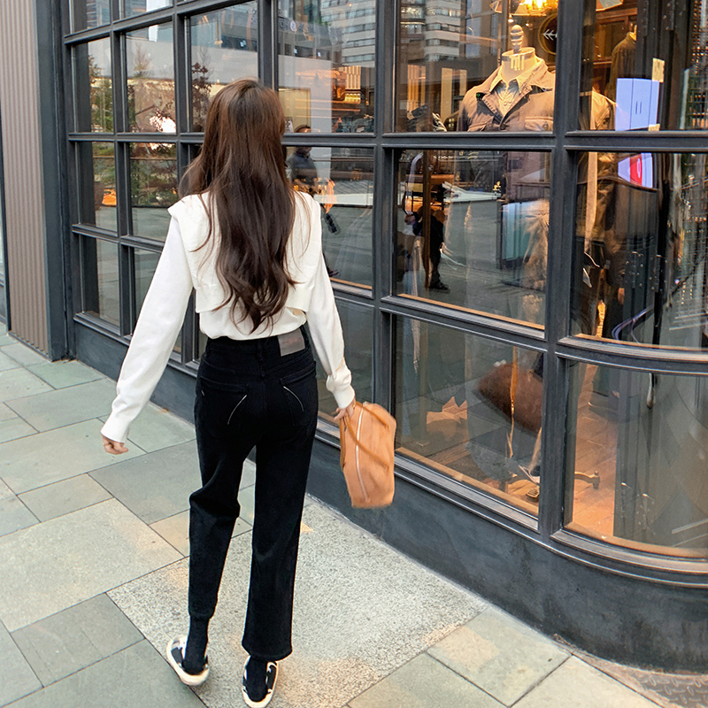 bigyu 黑色百搭显瘦小个子牛仔裤秋冬新款女裤抓绒薄绒裤子九分裤