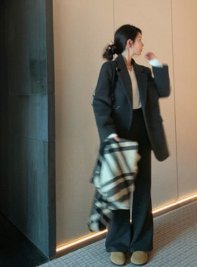 bigyu 灰色高级感夹棉西装外套女秋冬宽松职业休闲毛呢大衣上衣