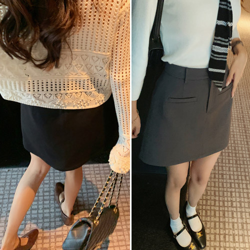 bigyu 简约百搭灰色/黑色西装裙女春秋高腰显瘦A字包臀半身裙短裙