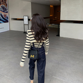 复古深蓝色高腰直筒阔腿女春秋牛仔连体裤 bigyu 减龄休闲背带裤