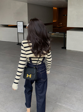 bigyu 减龄休闲背带裤~复古深蓝色高腰直筒阔腿女春秋牛仔连体裤