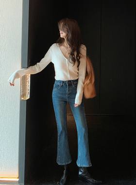 bigyu 秋冬加绒薄绒双侧缝九分微喇牛仔裤修身显瘦小个子喇叭裤子