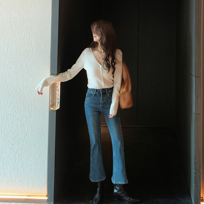 bigyu 秋冬加绒薄绒双侧缝九分微喇牛仔裤修身显瘦小个子喇叭裤子