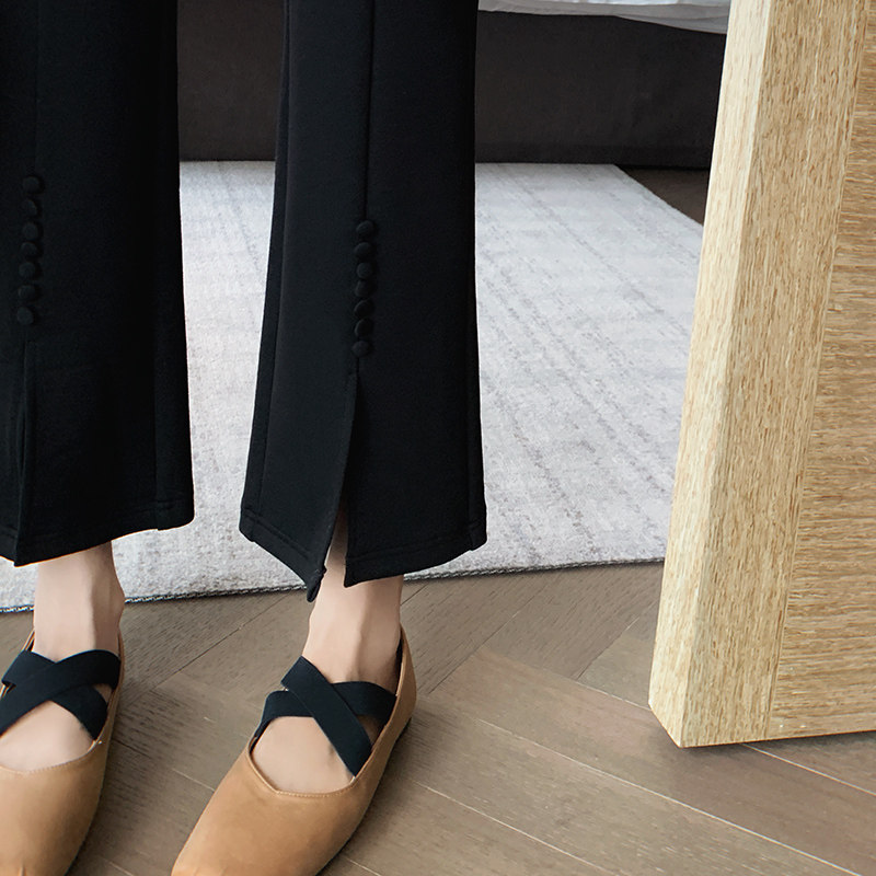 bigyu 修身显瘦纽扣前开叉微喇九分裤女春秋通勤百搭休闲黑色裤子