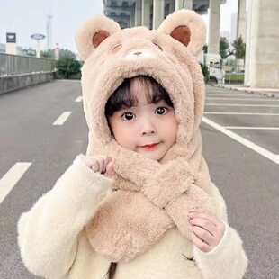 儿童库洛米帽子宝宝小熊围巾一体秋冬季女孩学生保暖毛绒连帽冬季