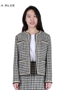 喀啦CARABLUE 气质百搭黑白千鸟格圆领小香风上衣 KB231MWJ0105