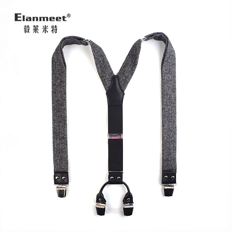 Elanmeet牛皮黑羊毛梯形4夹背带肥佬强力夹扣正装复古条纹Y吊裤带