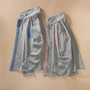 小众设计麻灰色针织棉拼牛仔碎花长袖衬衫女春秋薄款打底衬衣外穿