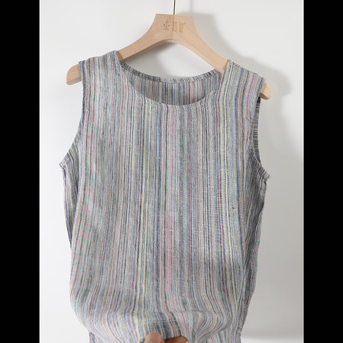 圆领亚麻彩色竖条纹背心吊带女薄