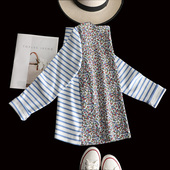 打底衫 小众380克重磅纯棉条纹拼接碎花长袖 T恤女春秋外穿宽松大码