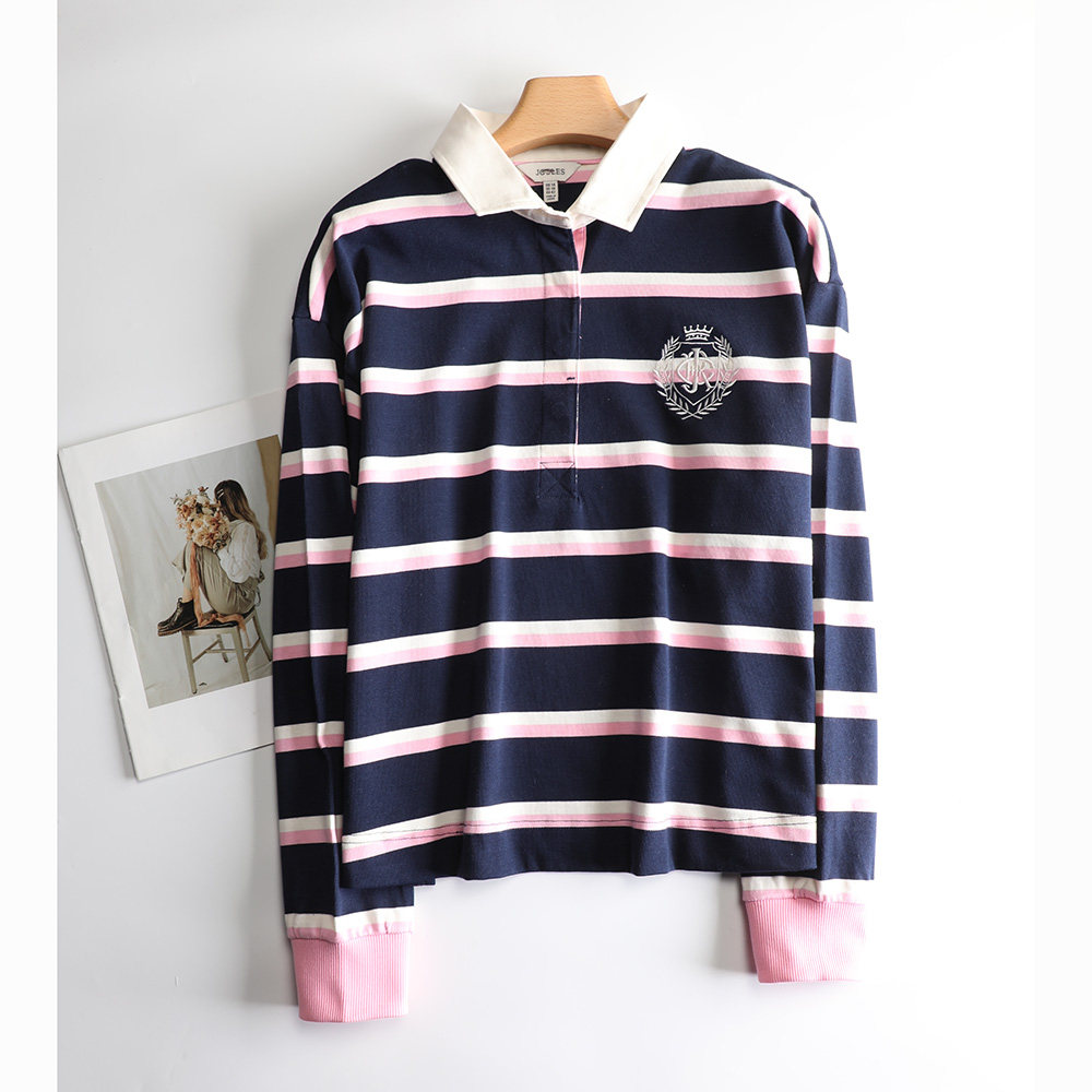 纯棉横条纹长袖POLO衫女士短款宽松大码,女装/女士精品,POLO衫,淘宝优惠券,粉丝福利购,淘宝优惠卷