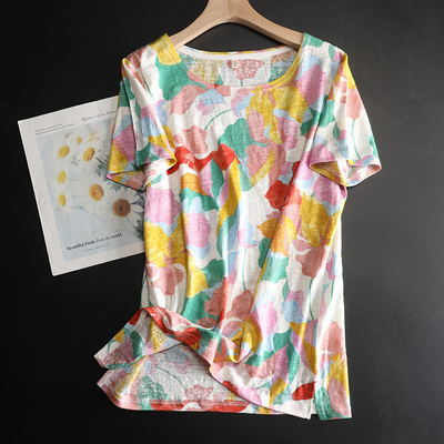 半袖印花薄款亚麻上衣女短袖T恤