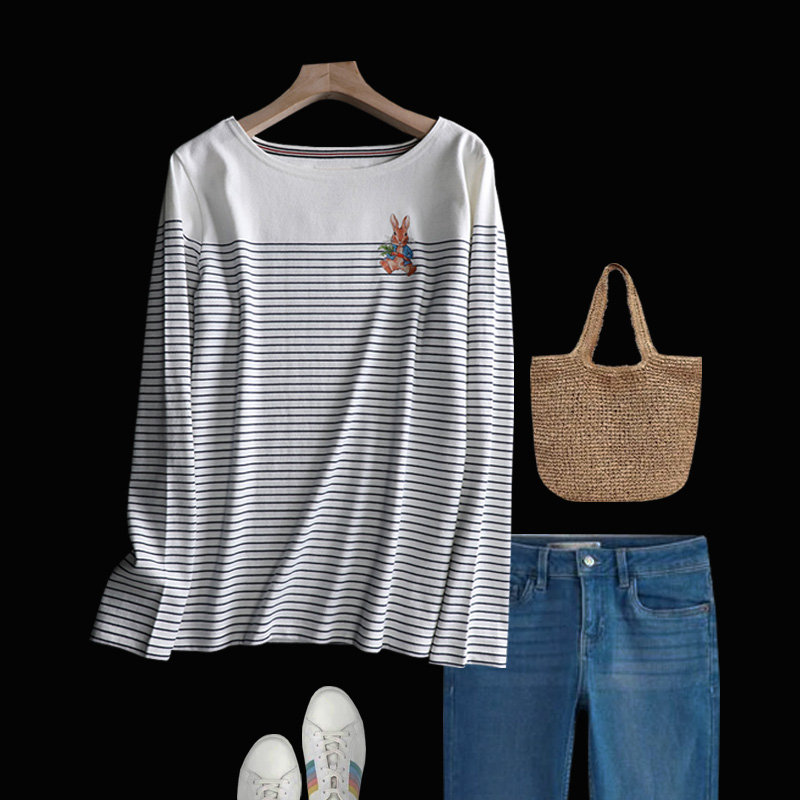 长袖英伦风条纹彼得兔印花纯棉女