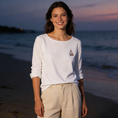 刺绣彩色帆船长袖T恤女春秋大码