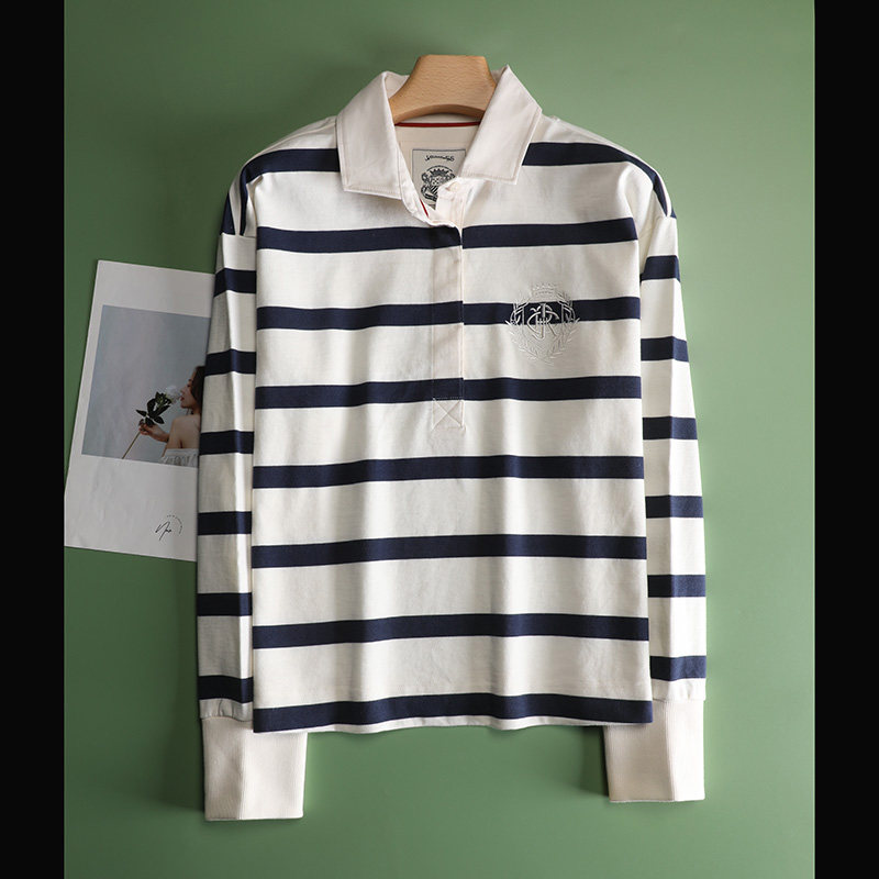 英国老牌宽松纯棉POLO衫女长袖大码POLO领蓝白条纹袖T恤短款上衣,女装/女士精品,POLO衫,淘宝优惠券,粉丝福利购,淘宝优惠卷