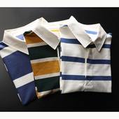 外贸柔软厚实男士 polo领T恤上衣春 宽松大码 纯棉宽条纹长袖 POLO衫