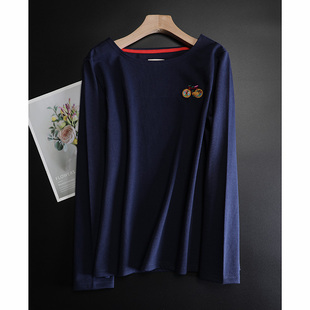 meeting rainbow纯棉深蓝色彩虹自行车刺绣长袖T恤女春外穿打底衫
